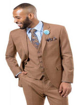 Men's Solid Light Brown - Mocha - Carmel Verk Dark Tan 3 Pieces Vested Suit