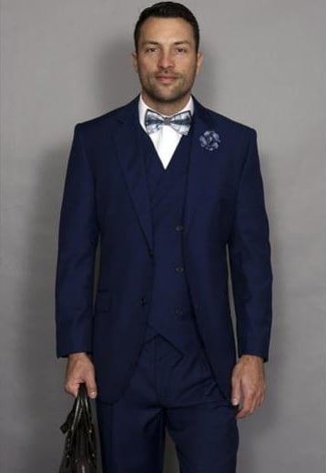 Mens Statement Suit Confidence Men's Sapphire Blue 3 Piece Italian Style Wool Double Breasted Vest Suit