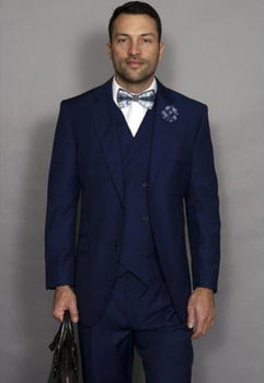 Mens Statement Suit Confidence Men's Sapphire Blue 3 Piece Italian Style Wool Double Breasted Vest Suit