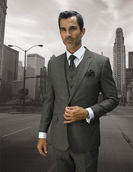 Men's Statement Suits Clothing Confidence Plaid Taupe 2 Button Double Breasted Vest Suit