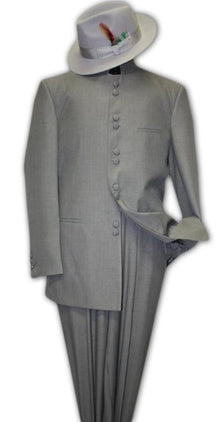 Solid Color Gray ~ Grey Mandarin Collar 2PC Men's Suit Banded No Collar Style