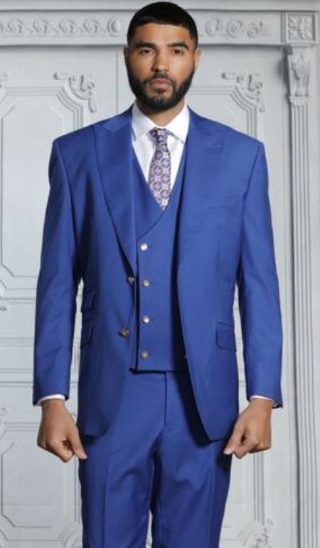 Men's Royal Blue 1 button Dress Suits for Men vest peak lapel suits pleated pants main image 0