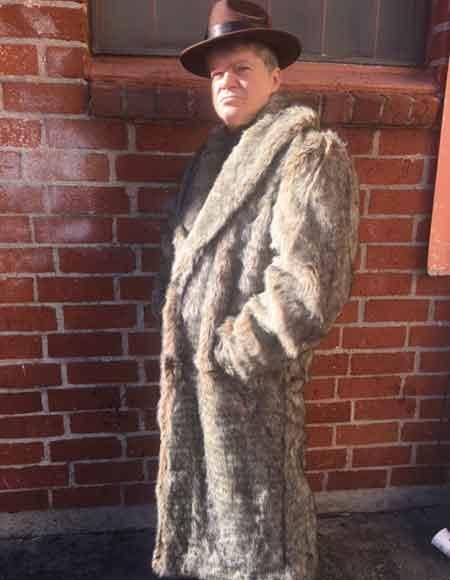 Men's Dress Coat Long Length Faux Fur Coat Full Length Overcoat ~ Long Men's Dress Topcoat - Winter coat Coffee ~ Brown ~ Tan