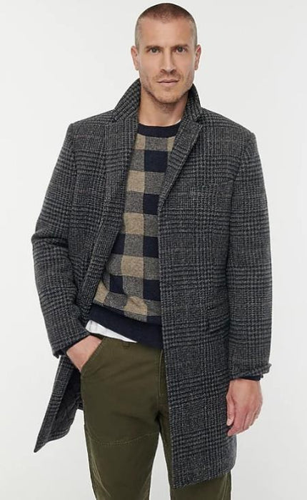 Men's Three Button Notch Lapel Topcoat Black Grey Brown Glen