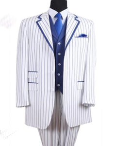 Men's 3 Button 35 Inch White/Blue Seersucker Sear sucker Zoot Suit - Pimp Suit - Zuit Suit Pinstriped Tuxedo Look Vested