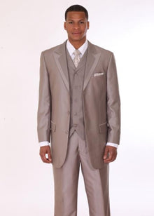 Men's 3 Piece 3 Button Fashion Suit with 2 Tone Lapels Tan ~ Beige - Three Piece Suit