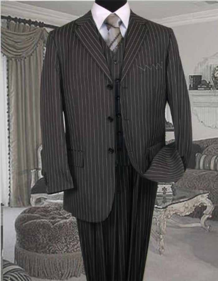 Mens Three Piece Suit - Vested Suit Charcoal Bold Chalk 3 Piece Single Breasted 3 BUTTON Suit