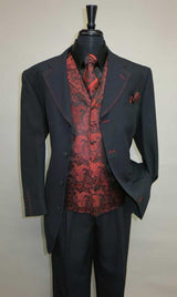 Mens Three Piece Suit - Vested Suits Mens Black/Red Jacket With Bold Vest with matching Tie and Hankie