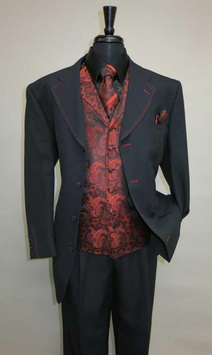 Mens Three Piece Suit - Vested Suits Mens Black/Red Jacket With Bold Vest with matching Tie and Hankie