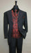 Mens Three Piece Suit - Vested Suits Mens Black/Red Jacket With Bold Vest with matching Tie and Hankie