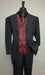 Mens Three Piece Suit - Vested Suits Mens Black/Red Jacket With Bold Vest with matching Tie and Hankie