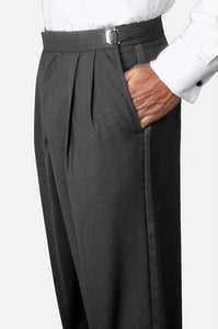 Men's Solid Black Poly-Wool Blend Classic Fit Adjustable Waist Pleated Tuxedo Pants unhemmed unfinished bottom