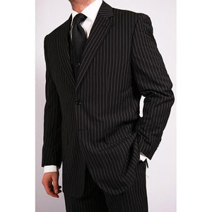 Men'S 3-Piece Black Bold White Chalk Bold Pinstripe Vested Cheap Priced Business Suits Clearance Sale