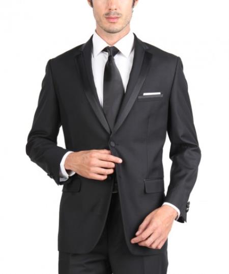 Black Skinny Tapered Slim Fit Single Button Tuxedo ~ Elegant Welt Chest Pocket , Satin Peaked Lapel