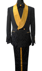 Mens Two Button Double Breasted Shawl Lapel Slim Fit Black And Gold Suit