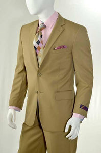 Men's Slim Fitted Solid Khaki - Camel - Bronz 2 Button Suit With Flat Front Pants