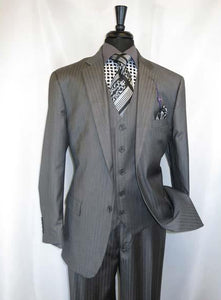 Vinci Men's Shadow Stripe Style Two Buttons Medium Grey Vested Suit