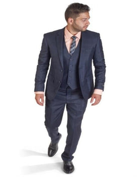 Two Button 3 Piece Suit Men Plaid Dark Navy Blue Suit For Men Slim Fit Double Side Vest