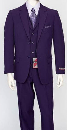 Men'S Regular Fit 3 Piece Purple Matching Vest Poly Poplin Dress Suit