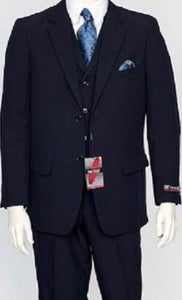 Men's Dark Navy 3 Piece Regular Fit Poly Poplin Vested Dress Suit - Dark Blue Suit Color