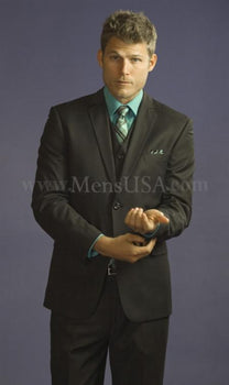 2 Button 3 Piece Black Tone On Tone Slim Fit Affordable Suit Online Sale - Three Piece Suit