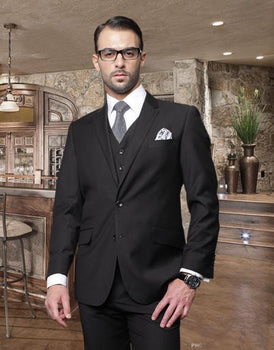 2 Button Black Suit With A Vest Super 150'S Italian Pick Stitched Lapel Slanted Pocket - Three Piece Suit - 100% Percent Wool Fabric Suit - Worsted Wool Business Suit