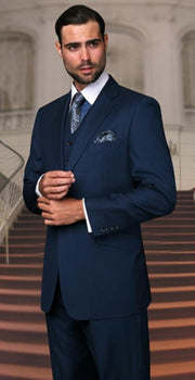 Pleated Pants Suit - Indigo Blue Vested 2 Buttons Regular Fit Suit - Classic Fit