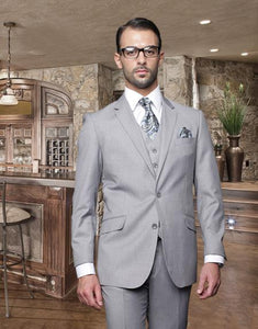 2 Button Light Gray ~ Grey Suit With A Vest Super 150'S Italian Pick Stitched Lapel Slanted Pocket - Three Piece Suit - 100% Percent Wool Fabric Suit - Worsted Wool Business Suit