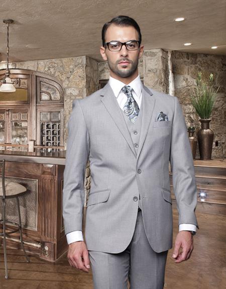 2 Button Light Gray ~ Grey Suit With A Vest Super 150'S Italian Pick Stitched Lapel Slanted Pocket - Three Piece Suit - 100% Percent Wool Fabric Suit - Worsted Wool Business Suit