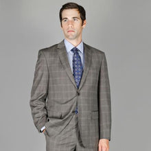 Mens Plaid Suit Grey Windowpane 2-Button Blend Suit - 100% Percent Wool Fabric Suit - Worsted Wool Business Suit