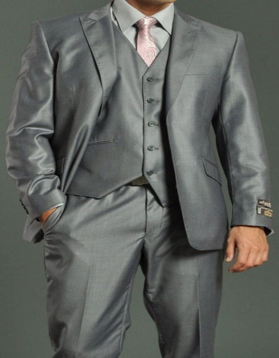 Men's Two Buttons Vested Shiny Flashy Metallic Light Grey Slim Fit Suits