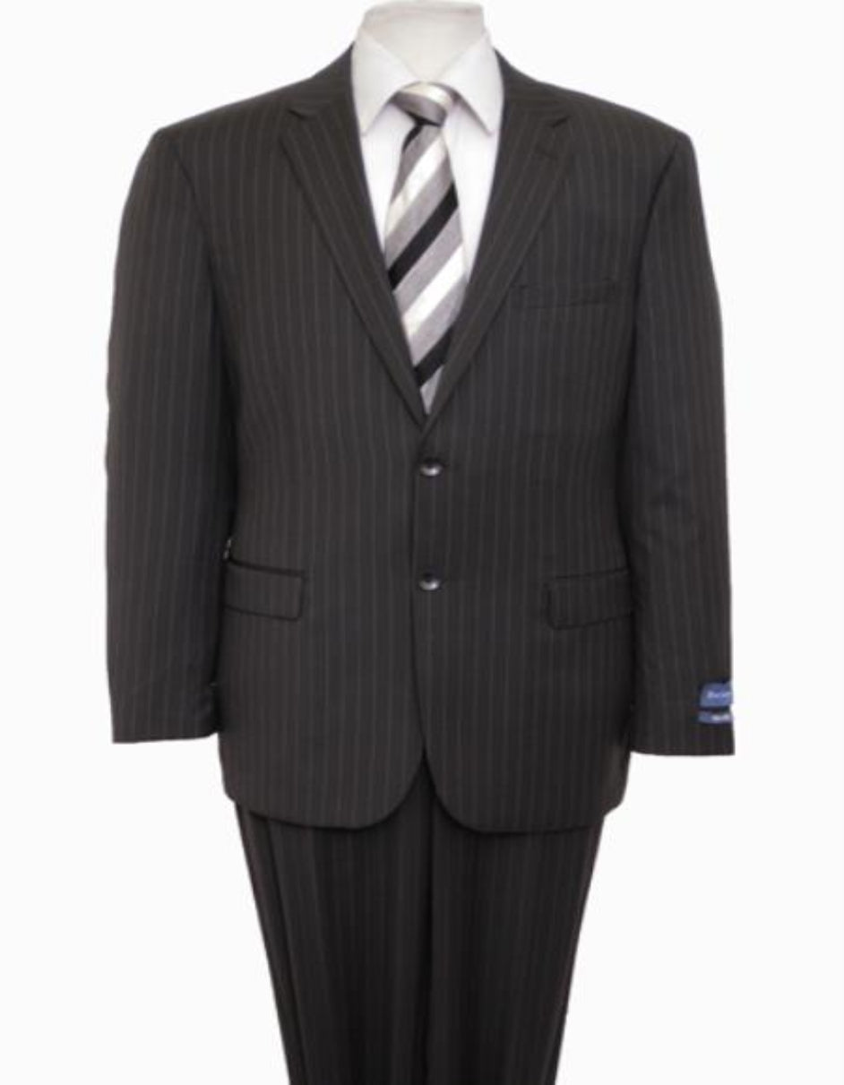 Reg Price $795 Designer Affordable Inexpensive Authentic 100% Wool Suit 2 Button Side Vent Jacket Flat Front Pants Pinstripe Dark Navy