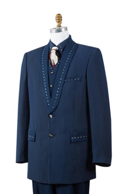 Men's Unique 3 Piece Sharkskin Fashion Suit Dark Navy - RhineStone 2 Button Trimmed Pleated Pants Fashion Tuxedo For Men Vested