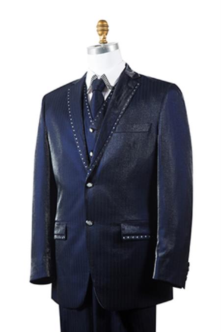 Men's 3 Piece Unique Dark Navy 2 Button Trimmed Pleated Pants Vested Suits Fashion Tuxedo For Men