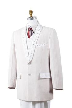 Men's Unique 2 Button Trimmed Pleated Pants Vested 3 Piece Sharkskin Fashion Suit White - Rhinestone Fashion Tuxedo For Men