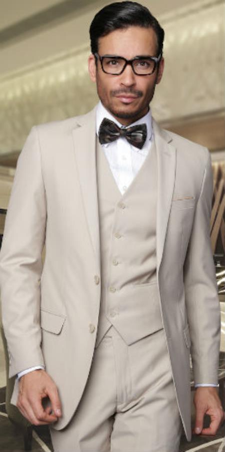 Men'S 2 Button Vested 3 Pieces 3PC Slim Fitted Cut Skinny Lapel Poly Rayon Suit Tan ~ Beige