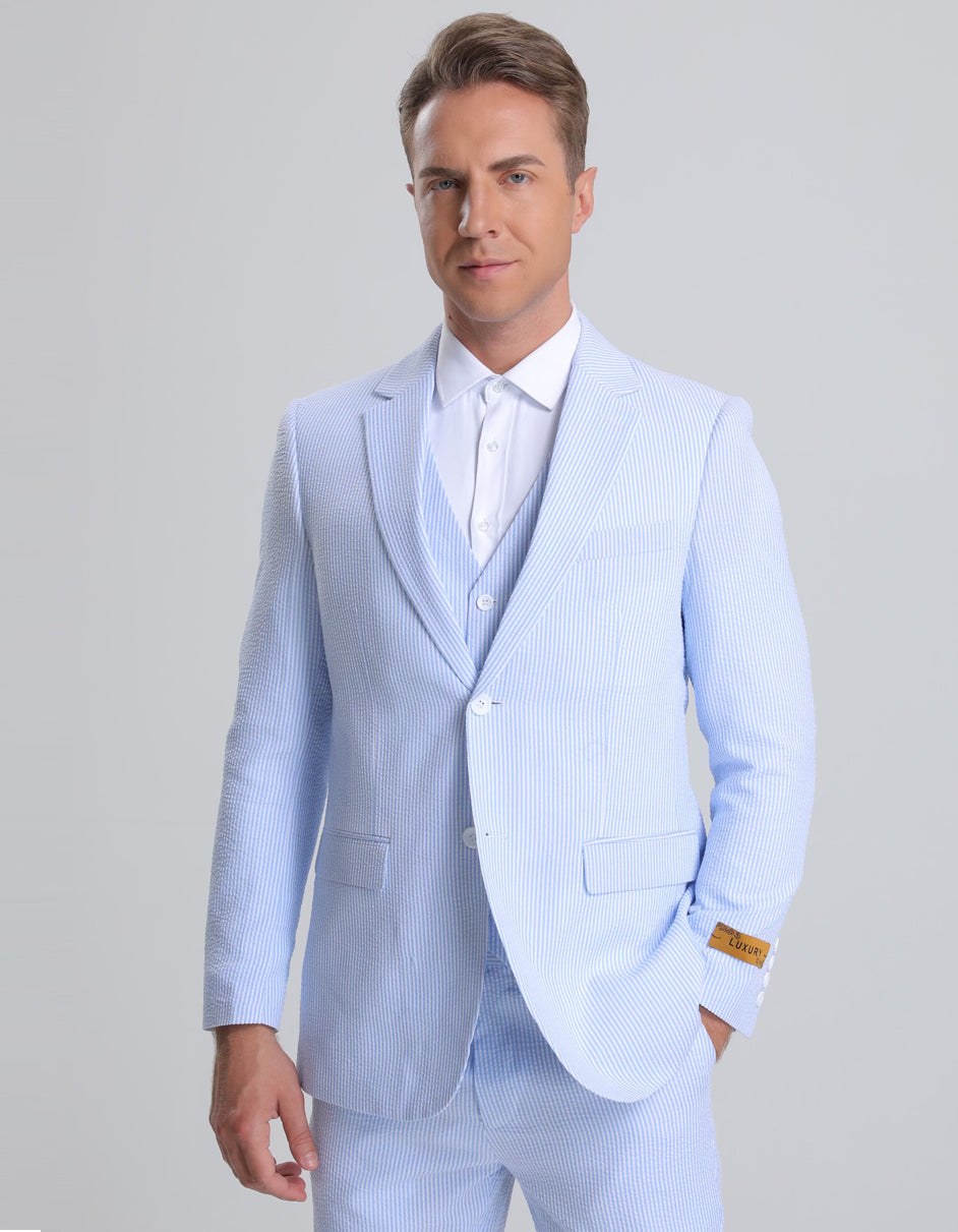 Sear Sucker Suit Mens Classic fit 2 Button Jacket Flat Front Pants Pinstripe seersucker Suit