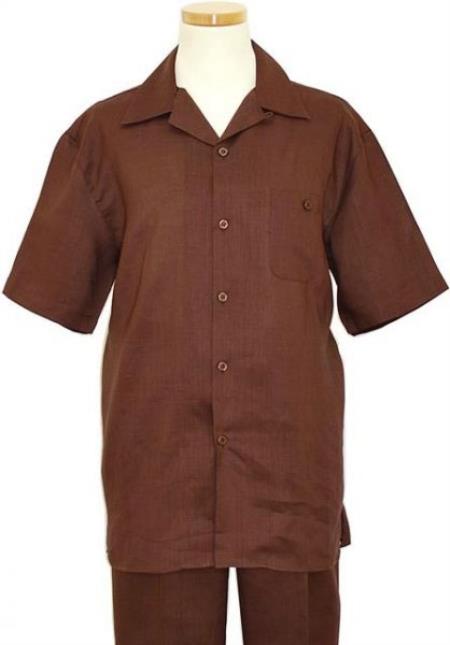 Men's Brown Short Sleeve Button Closure 100% Linen 2 Piece With Pleated Pant Shirt Walking Leisure Suit - Image 9