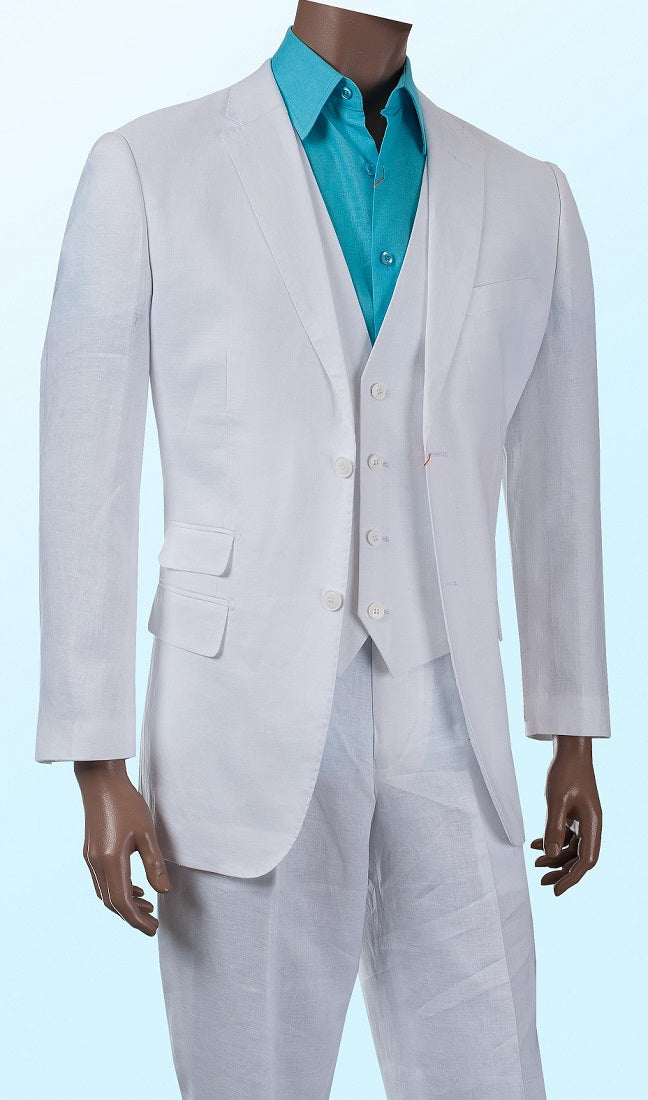 Men'S 3pc Linen Suit Ticket Pocket Summer Linen Suits Outfit Vest And Pants White