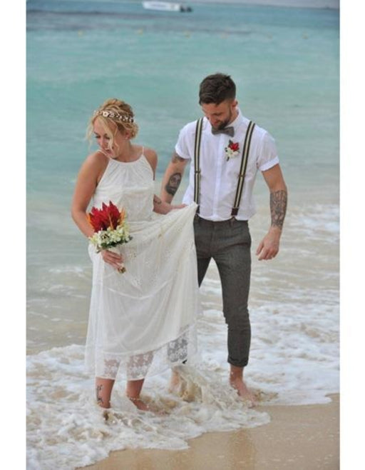 Men's White Beach Wedding Attire Suit with Bow Tie