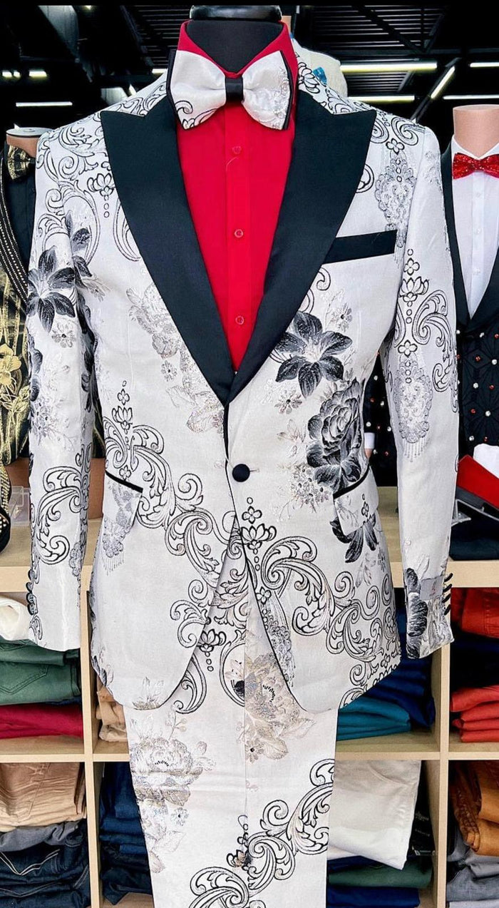 Mens White Floral Tuxedo with Black Lapel – 3-Piece Designer Prom Suit Wedding Suit