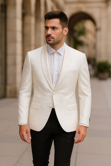 Men’s White Swirl Pattern Tuxedo Jacket with White Satin Shawl Lapel