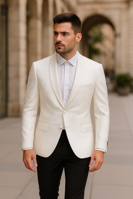 Men’s White Swirl Pattern Tuxedo Jacket with White Satin Shawl Lapel