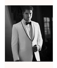 Men'S White Tuxedo Dinner Jacket Suit Shawl Collar With Black Trim Lapel 1 Button + Pants