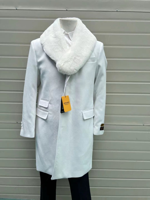 Mens White Wool Overcoat with Plush Faux Fur Shawl Collar