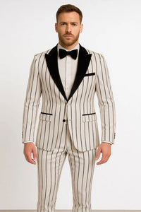 Mens White and Black Pinstripe Tuxedo with Velvet Shawl Lapel and Matching Bow Tie