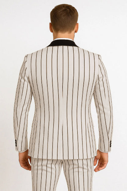 Mens White and Black Pinstripe Tuxedo with Velvet Shawl Lapel and Matching Bow Tie