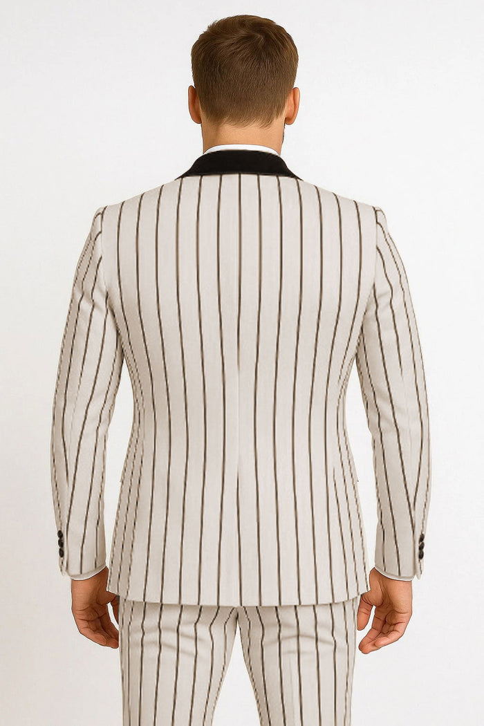 Mens White and Black Pinstripe Tuxedo with Velvet Shawl Lapel and Matching Bow Tie