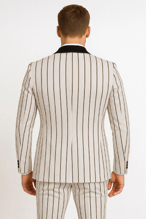 Mens White and Black Pinstripe Tuxedo with Velvet Shawl Lapel and Matching Bow Tie