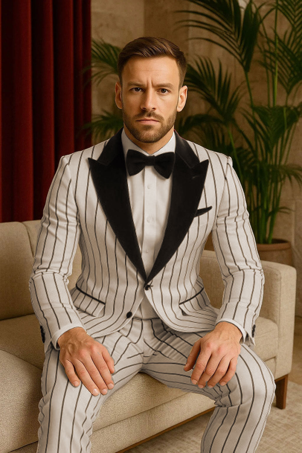Mens White and Black Pinstripe Tuxedo with Velvet Shawl Lapel and Matching Bow Tie